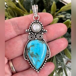 Teardrop Turquoise & Pearl Gemstone Sterling Silver 2.5” Pendant#54512